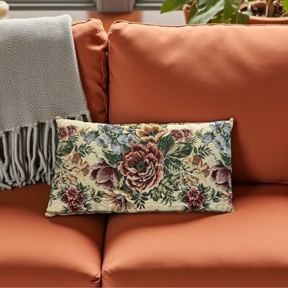 Vintage Floral Tapestry Green Velvet Lumbar Throw Pillow 13 x 23